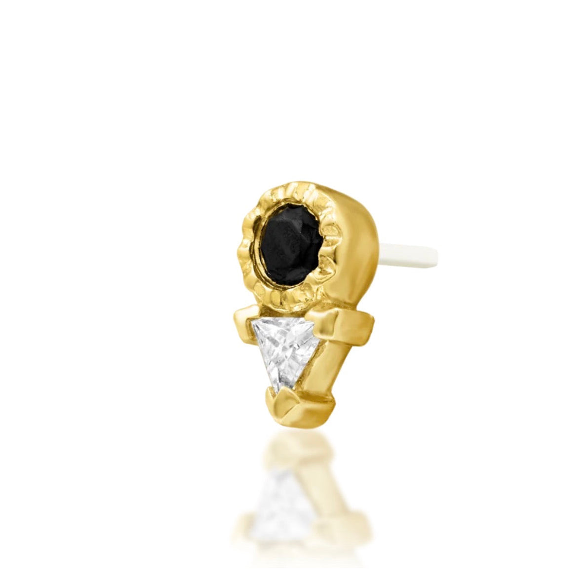 Yellow gold flat earring with a round black CZ and triangular White CZ stone