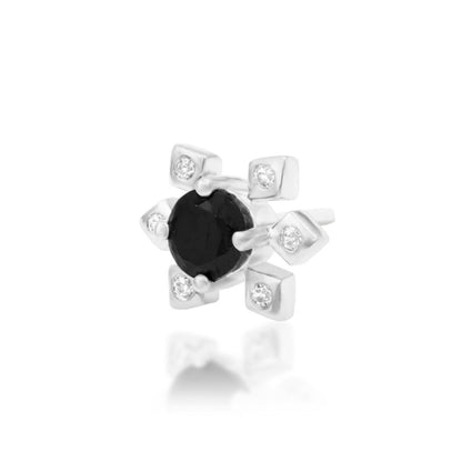     White gold flat earring with a round black CZ surrounded by geometric gemstone petals