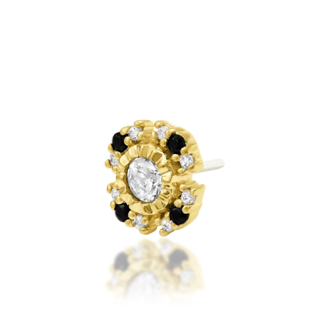 Yellow gold flat earring with a White CZ centre and contrasting black and white gemstone halo