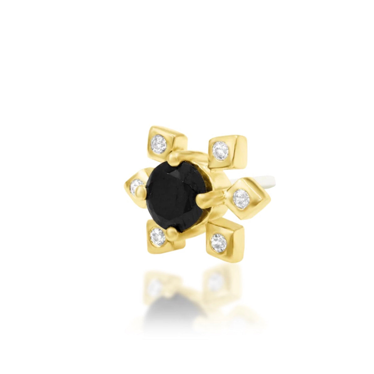     Yellow gold flower earring with a bold black CZ centre and six white gemstone accents