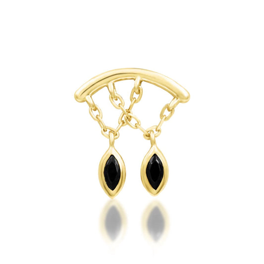 Black CZ hidden helix earring in solid 14k yellow gold with two suspended marquise gemstone drops.