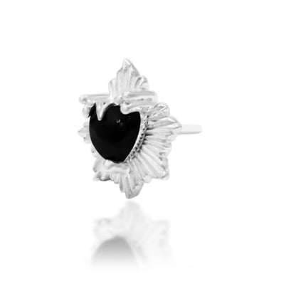     White gold helix jewellery with a heart-shaped black onyx and sculpted celestial details