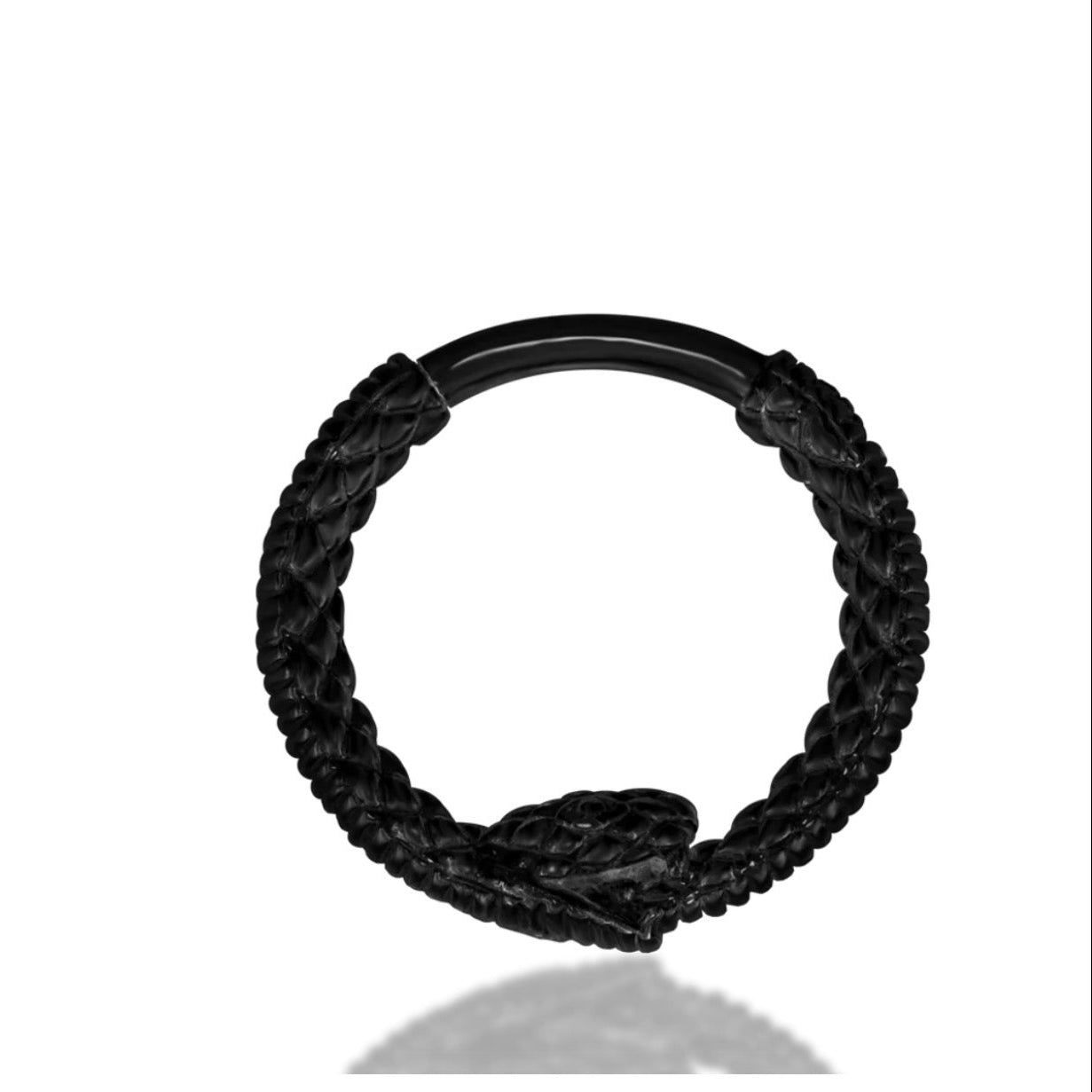 Black gold snake septum ring featuring Junipurr Scene Ouroboros with its detailed serpent biting its own tail.