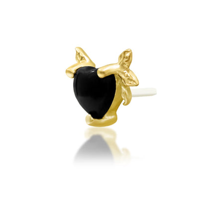 Black onyx cartilage earring end in solid yellow gold with sculpted botanical leaves
