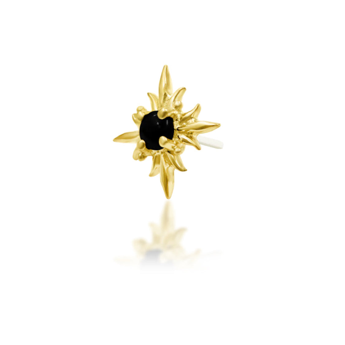 Angled view of a yellow gold flame-inspired helix stud with a round black onyx centre