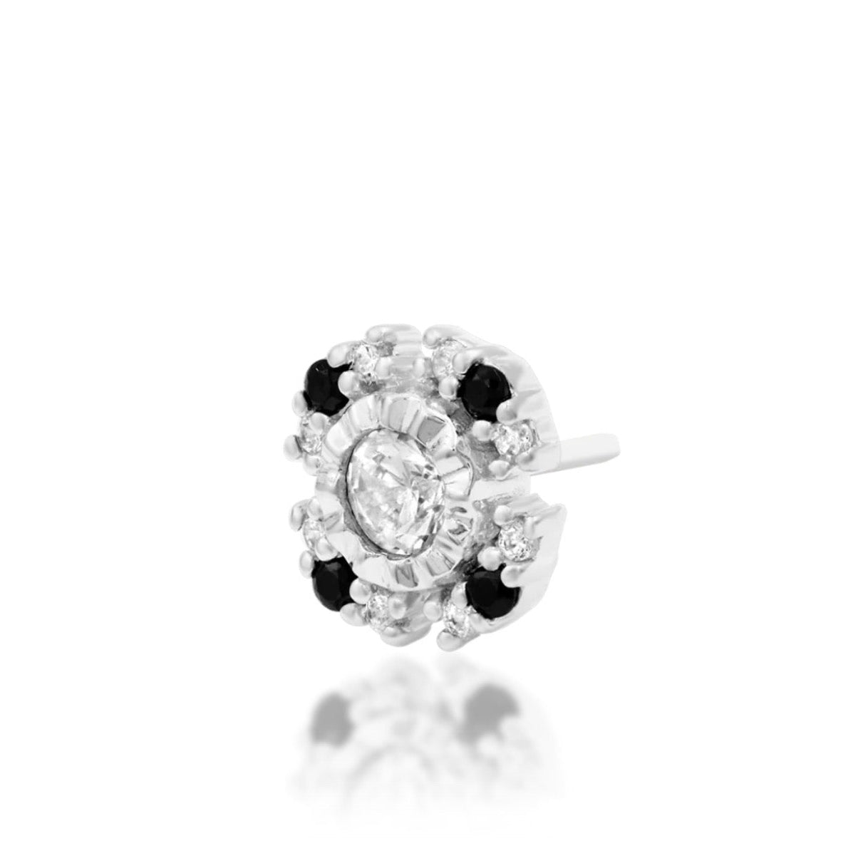 White gold flat-back earring end with a round White CZ centre and contrasting gemstone border