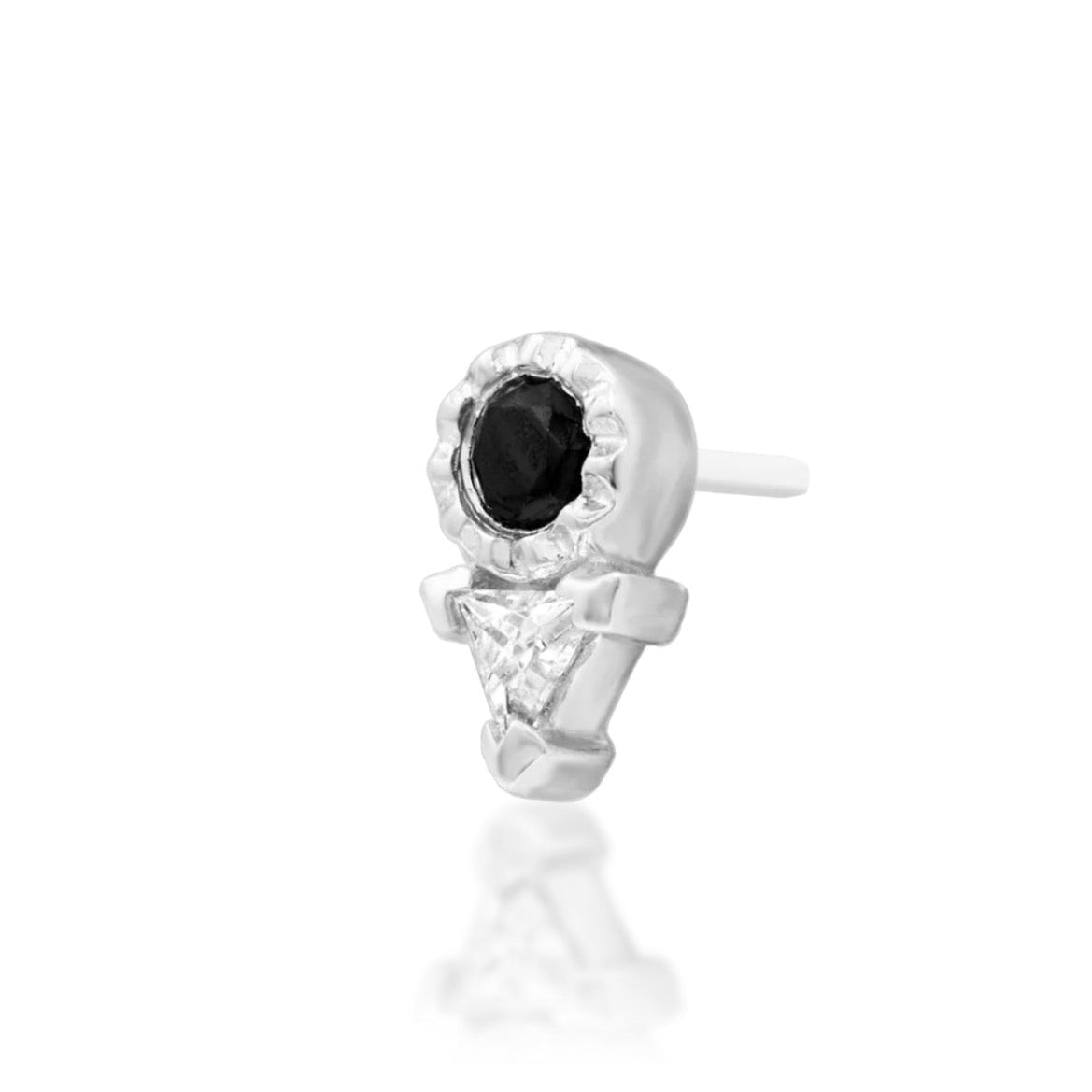 White gold flat-back earring end with a contrasting black and white gemstone pairing
