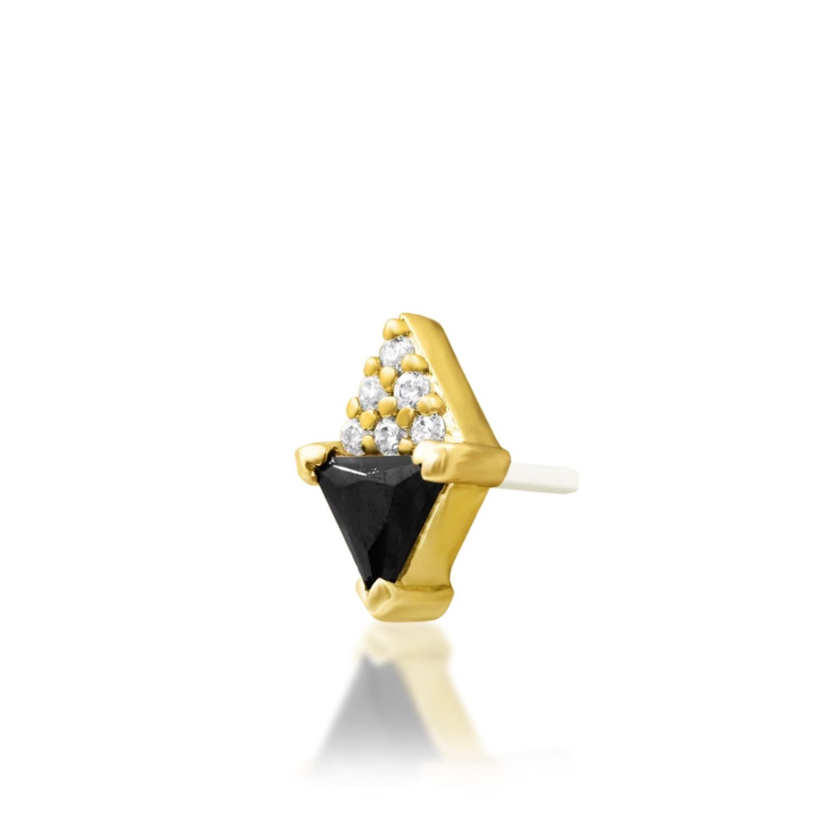     Yellow gold flat earring featuring opposing triangular forms set with black and white cubic zirconia