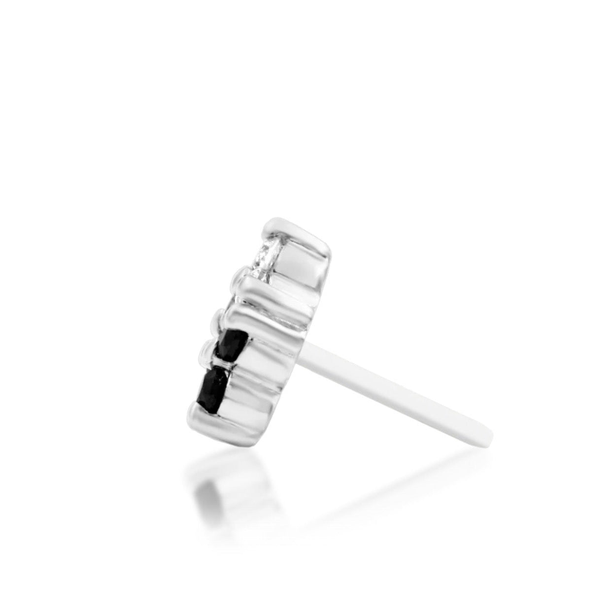     White gold forward helix earring featuring six black and white CZ stones