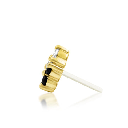    Solid yellow gold nose stud set with three black and three white cubic zirconia stones