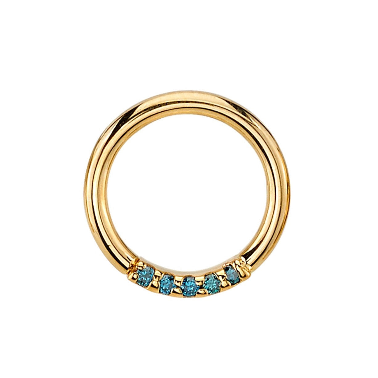 BVLA Blaze 7 gold septum ring with seven 1mm Irradiated Ocean Blue Diamond gemstones