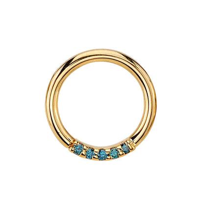 BVLA Blaze 7 gold septum ring with seven 1mm Irradiated Ocean Blue Diamond gemstones