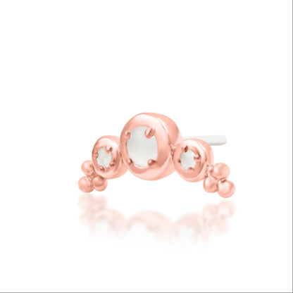 Boho gold ear jewellery in solid rose gold with three softly glowing moonstones and delicate beadwork.