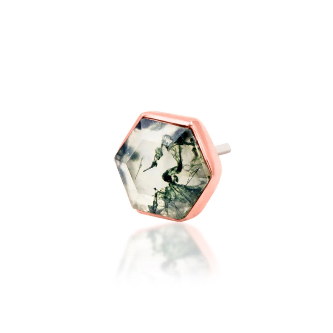 Angled view of a botanical rose gold cartilage earring with naturally patterned moss agate