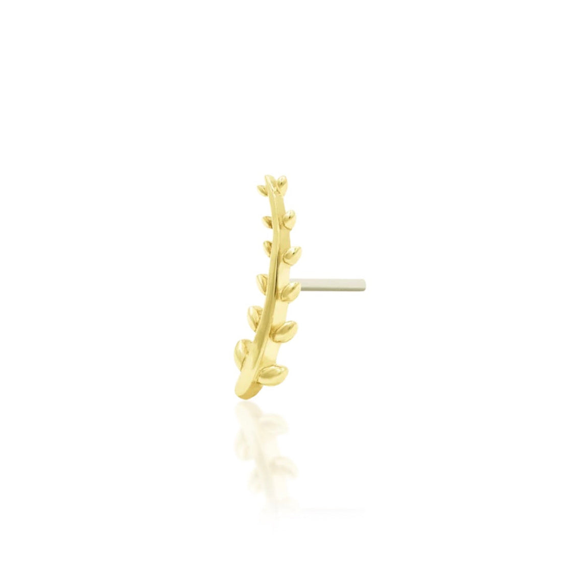 Botanical cartilage earring in yellow gold with a slender sculpted fern leaf design