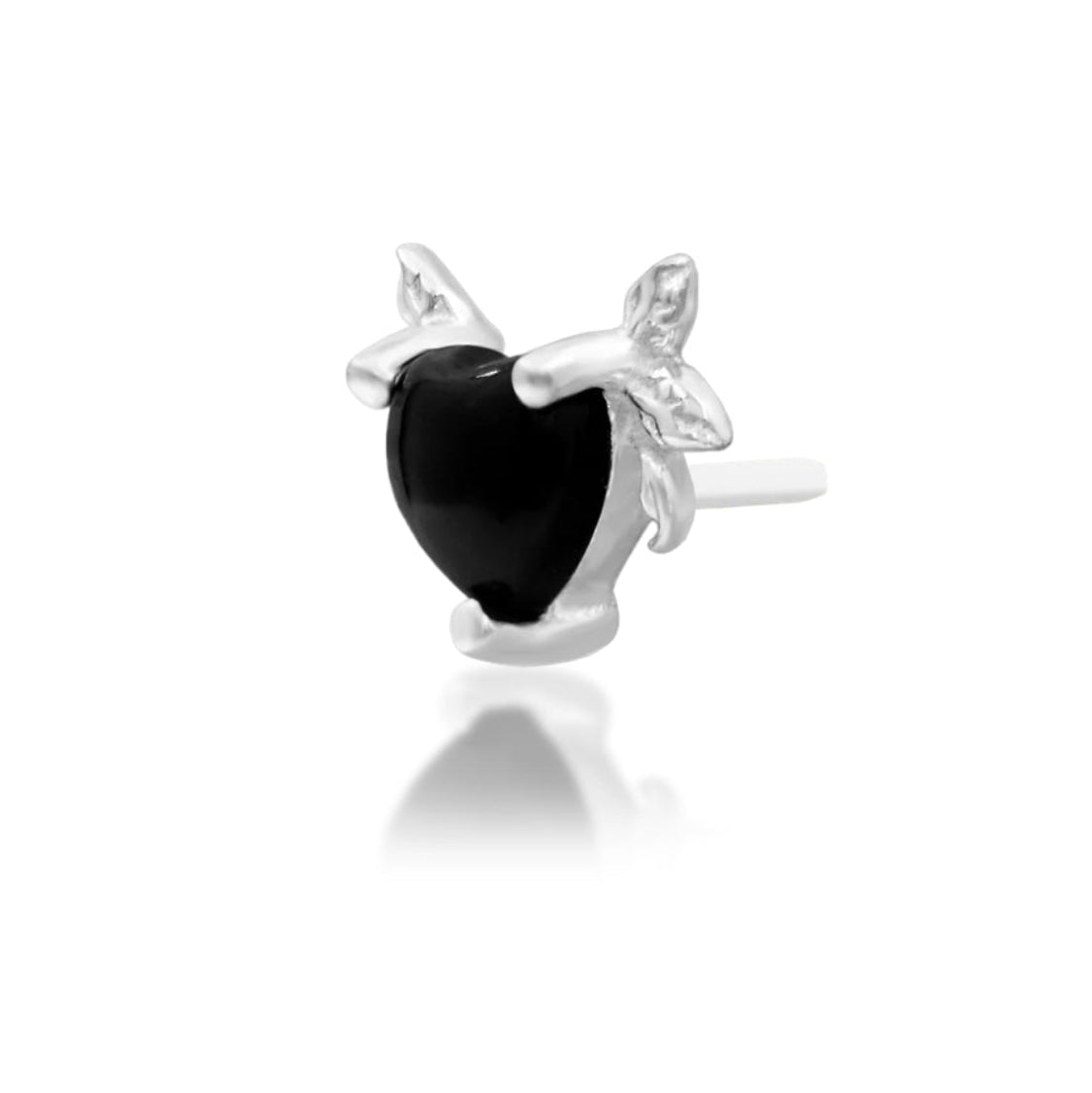 Botanical white gold tragus stud design with a black onyx heart embraced by sculpted leaves

