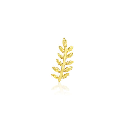 Botanical jewellery in solid 14k yellow gold, shaped as a flowing branch of textured leaves.
