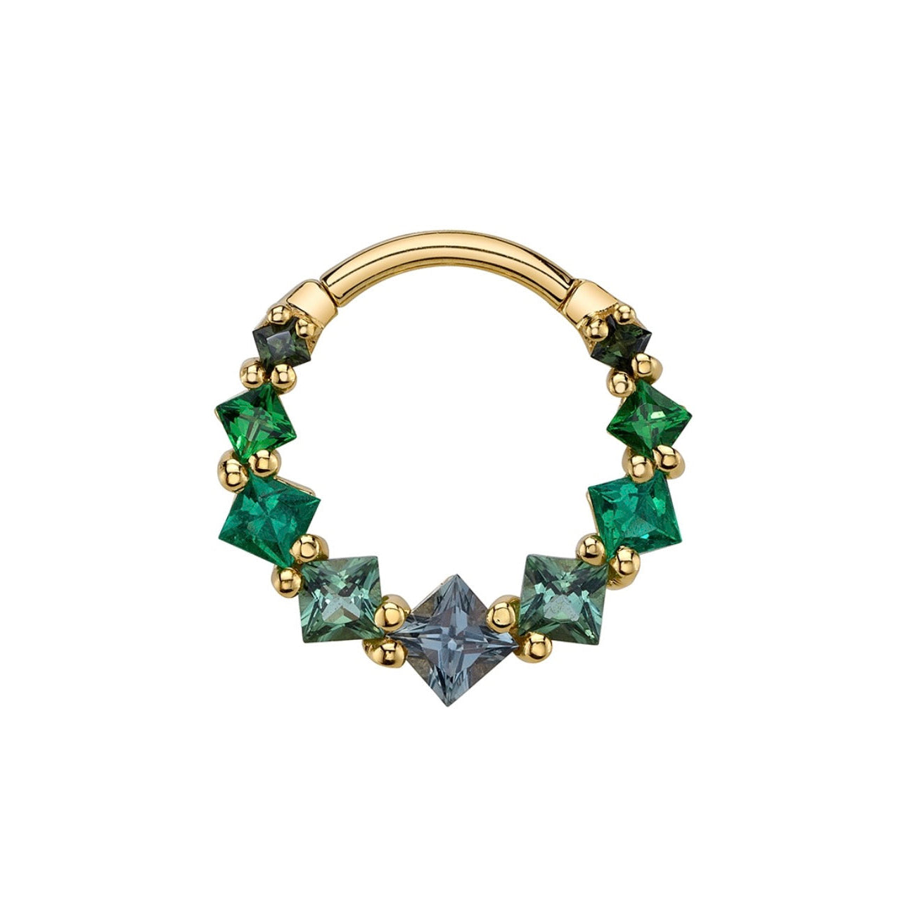 BVLA Graduating Tiffany yellow gold daith ring with Green Tourmaline, Tsavorite, Emerald, Seafoam Tourmaline and Grey Sapphire