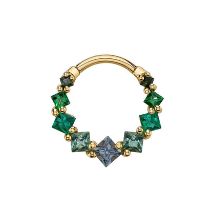 BVLA Graduating Tiffany yellow gold daith ring with Green Tourmaline, Tsavorite, Emerald, Seafoam Tourmaline and Grey Sapphire
