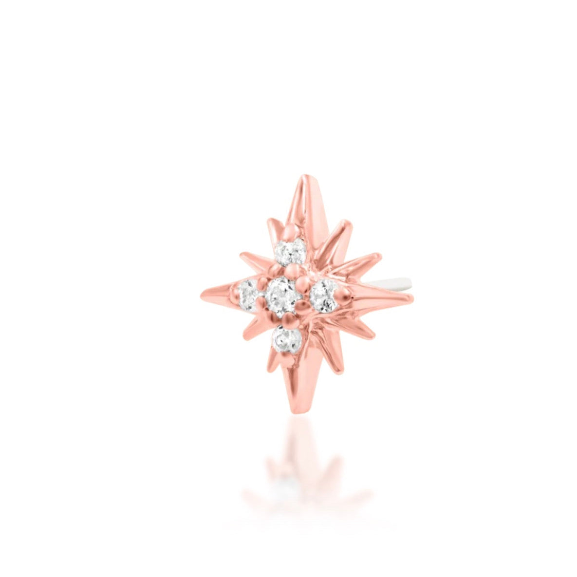 Celestial ear-stack jewellery in solid rose gold, adding crisp star-shaped sparkle to a layered ear.