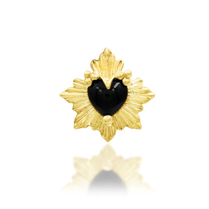     Junipurr Nyx celestial conch stud design in solid 14k yellow gold with a black onyx heart