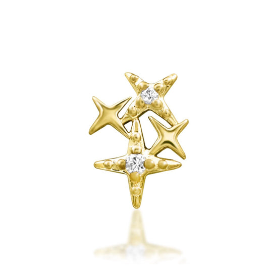 Celestial star cluster earring in solid 14k yellow gold with textured four-pointed stars and white cubic zirconia.