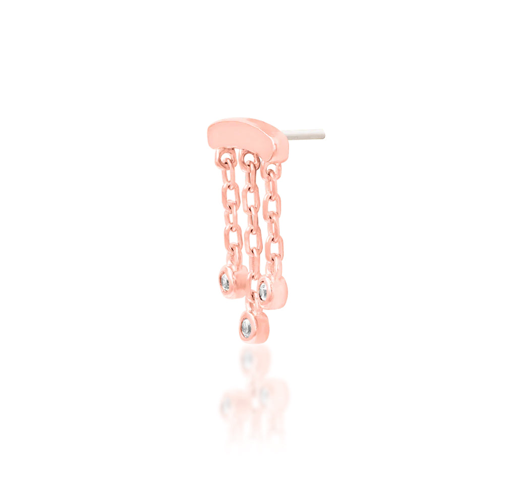 Chain cartilage earring in solid rose gold with delicate movement and three clear gemstone accents.