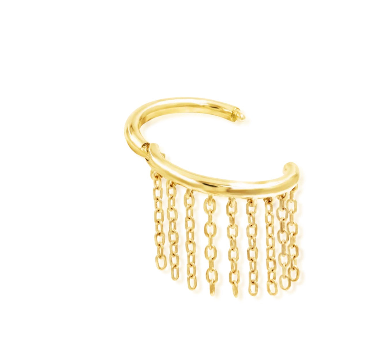 Chain conch ring in yellow gold with multiple suspended chains creating elegant movement.