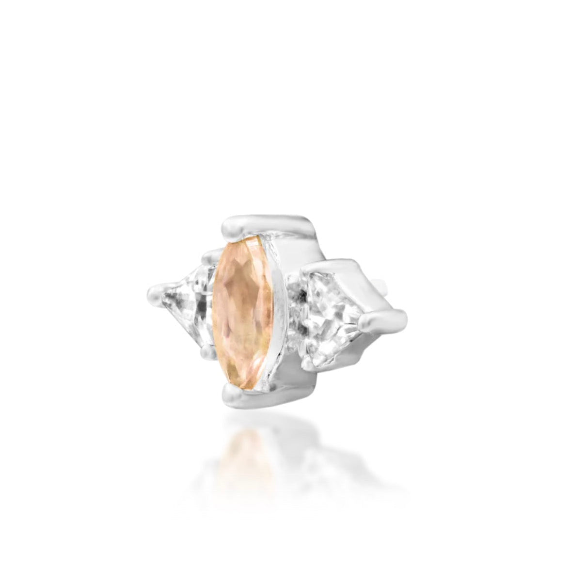 Champagne-pink cartilage stud in 14k white gold with a structured three-stone composition.