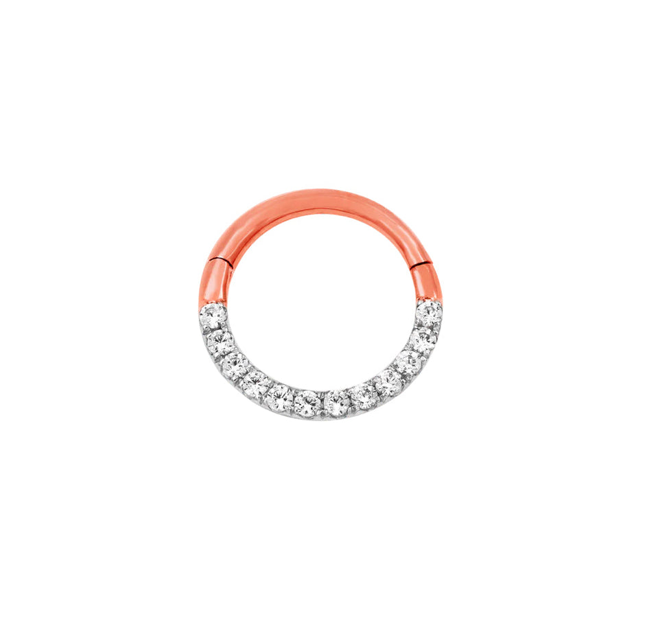 Clear CZ septum ring in 14k rose gold with a continuous gemstone-lined front.