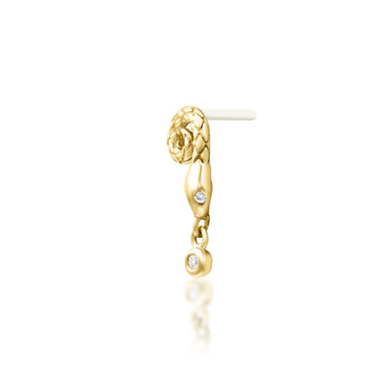 Coiled serpent cartilage stud in yellow gold with textured scales and cubic zirconia details