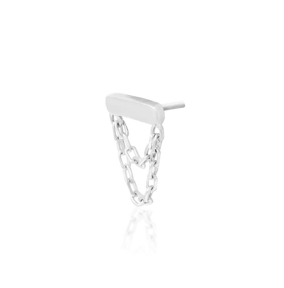 Conch chain earring in 14k white gold with a compact polished bar and two articulated chains.

