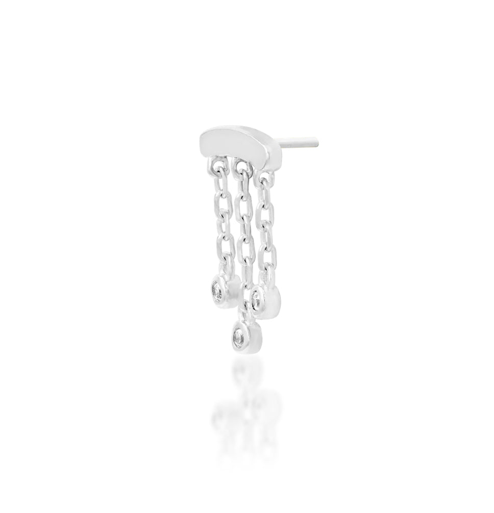 Conch dangle earring in 14k white gold with brilliant cubic zirconia and delicate chain movement.