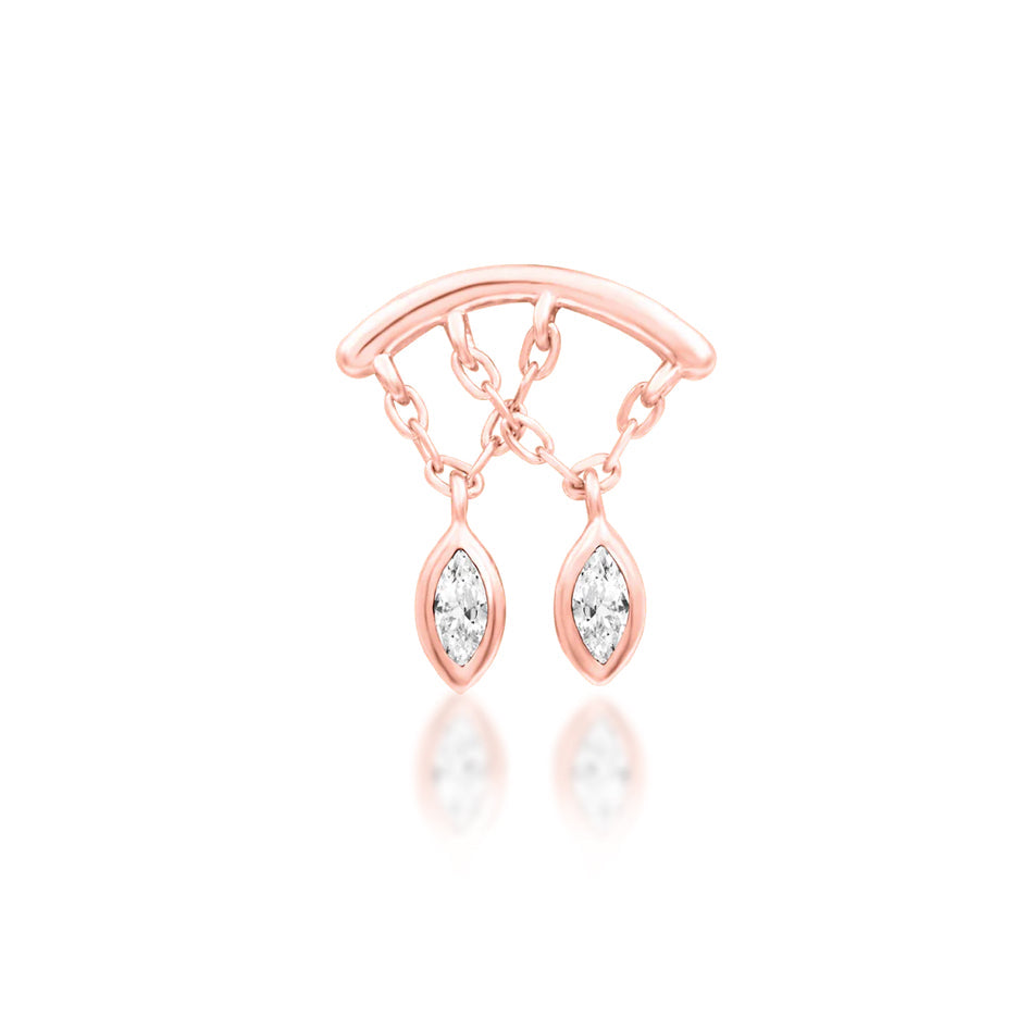 Conch dangle jewellery in solid 14k rose gold with an articulated two-stone drop design.