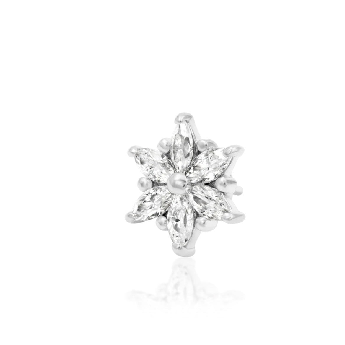 Conch piercing earring in solid white gold with a broad six-stone marquise flower design.