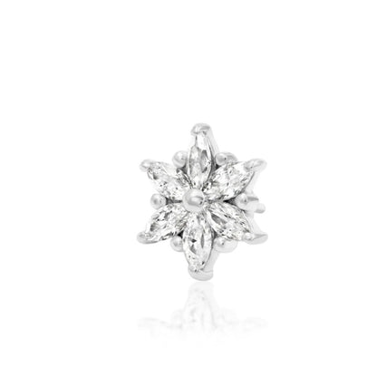 Conch piercing earring in solid white gold with a broad six-stone marquise flower design.