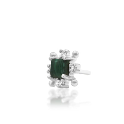 Conch piercing jewellery in solid white gold featuring genuine malachite and four petite clear CZ stones.