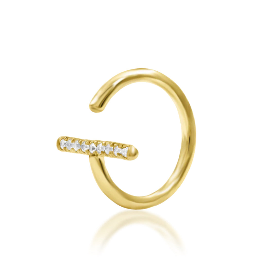  Crystal bar hoop earring in 14k yellow gold, shown in Junipurr Xaven’s modern linear design.