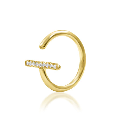  Crystal bar hoop earring in 14k yellow gold, shown in Junipurr Xaven’s modern linear design.