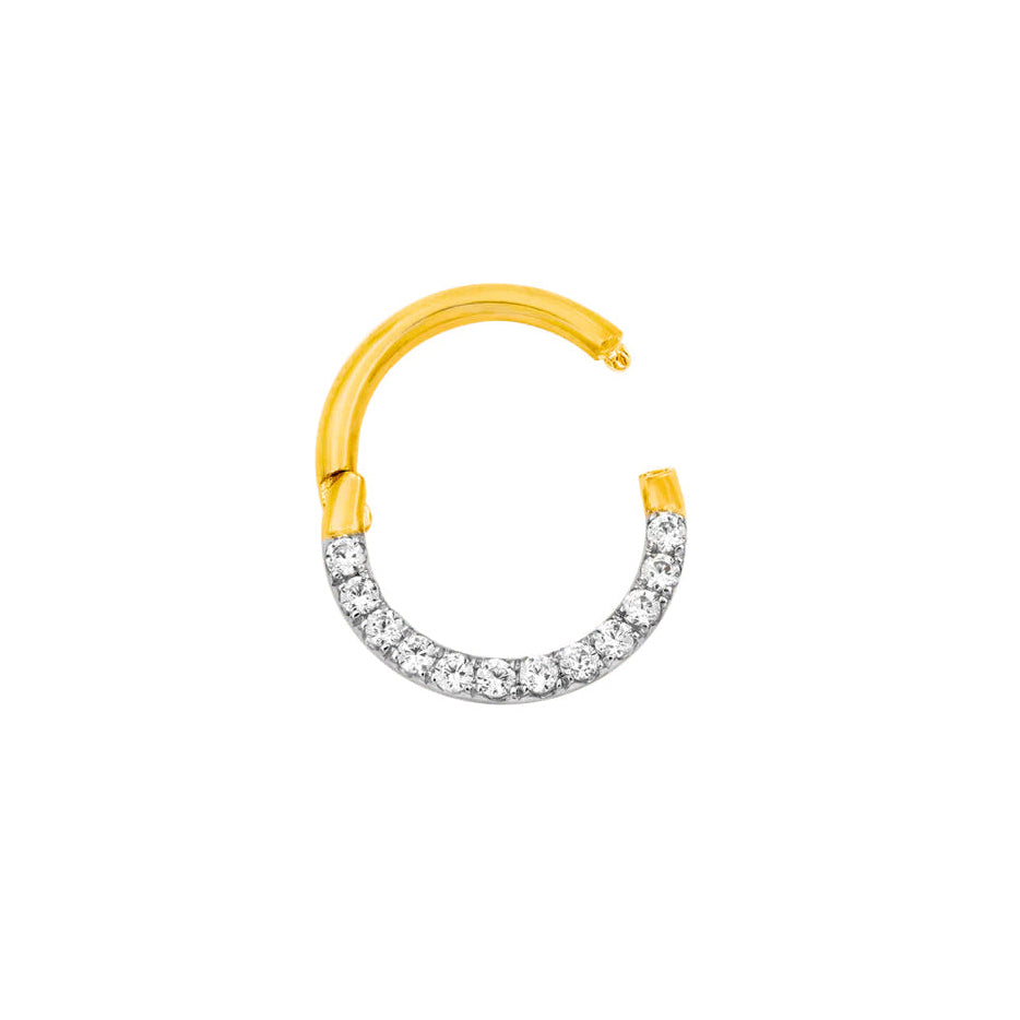 Cubic zirconia daith ring in yellow gold with closely set 1mm clear CZ stones across the visible curve.