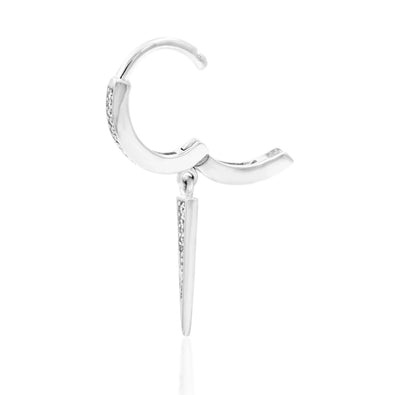 Cubic zirconia hoop earring in white gold, showing the gemstone-set Junipurr Ria clicker and pointed drop.