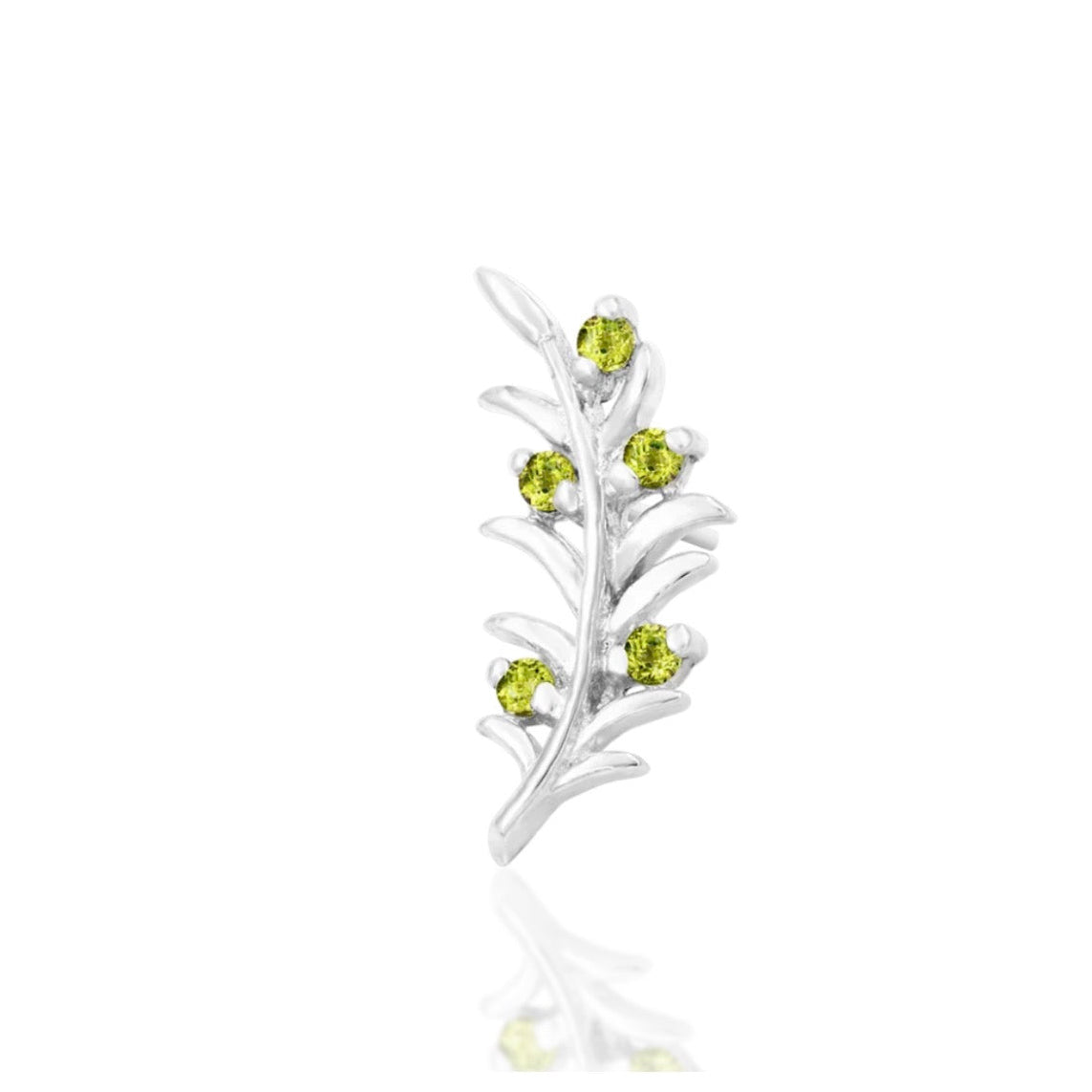 Curved leaf earring in 14k white gold, measuring 10mm long with five green gemstone accents.
