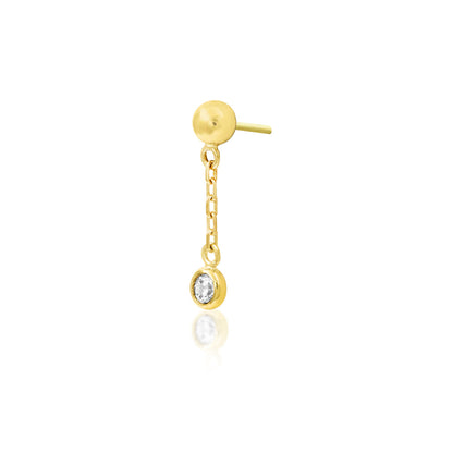 CZ cartilage dangle earring in 14k yellow gold with a minimalist ball end and delicate gemstone chain.