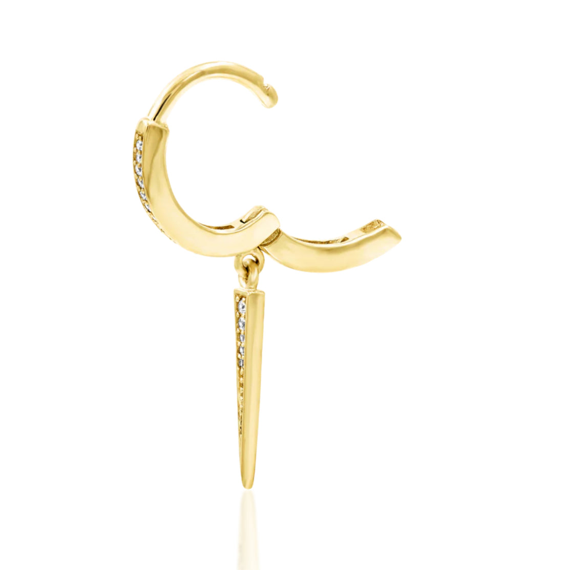 CZ dangle hoop earring in yellow gold with a long suspended spike and clear gemstone detailing.