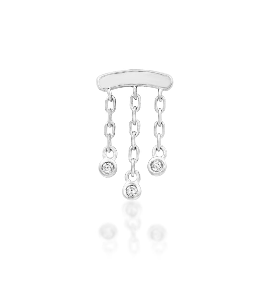 CZ flat-back earring top in solid white gold with three gemstone drops suspended from fine chains.
