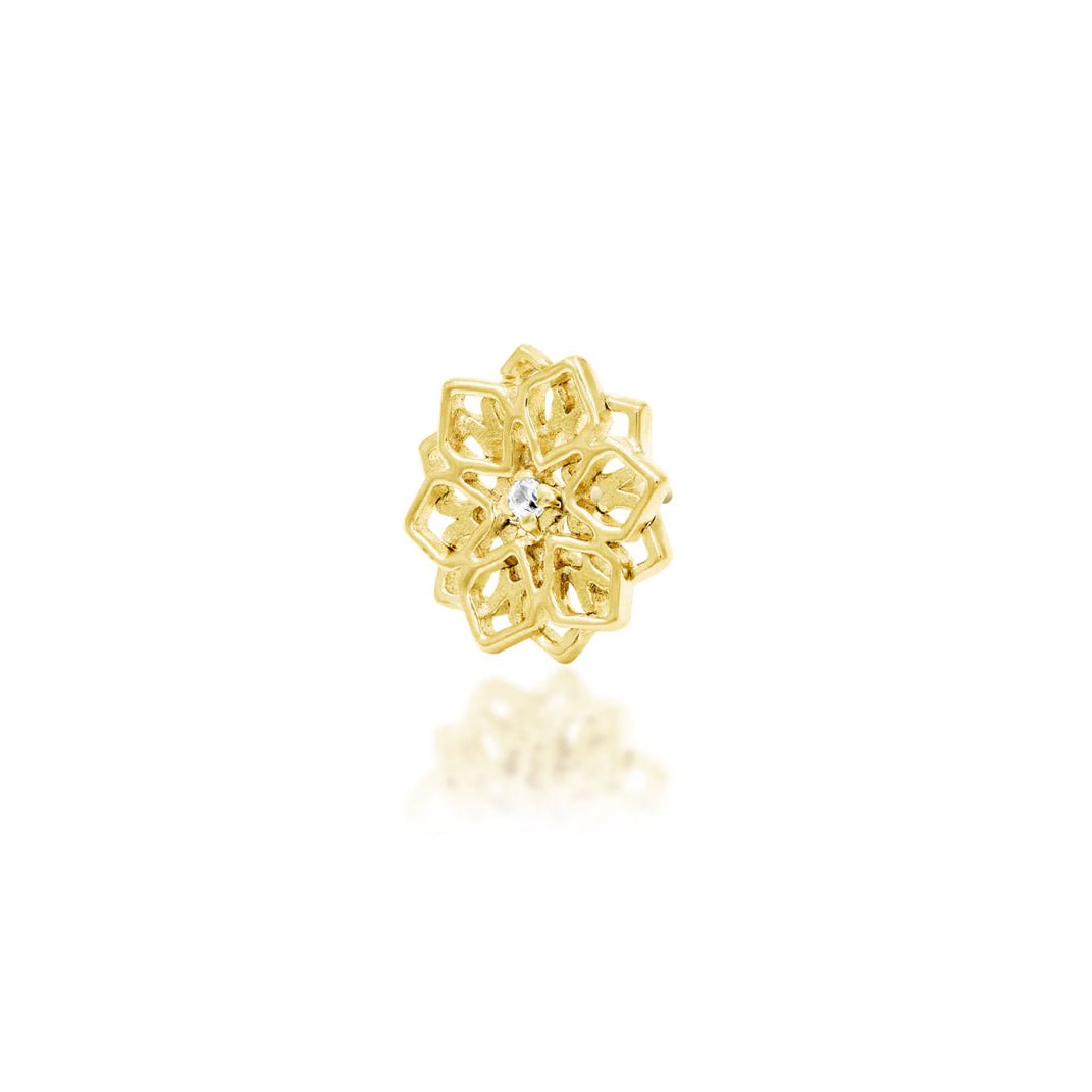 CZ flower earring in yellow gold, with a clear central stone surrounded by ornate petal-like gold detail.