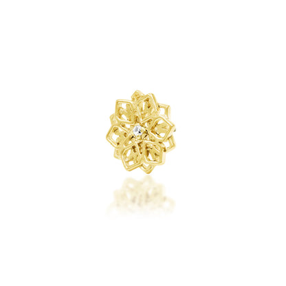 CZ flower earring in yellow gold, with a clear central stone surrounded by ornate petal-like gold detail.