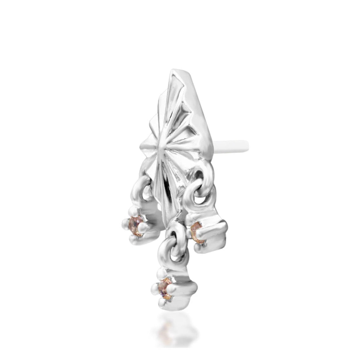 White gold dangle conch jewellery with three suspended pink champagne cubic zirconia stones