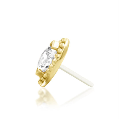 Delicate solid yellow gold flat earring with an elongated marquise gemstone and textured beaded border
