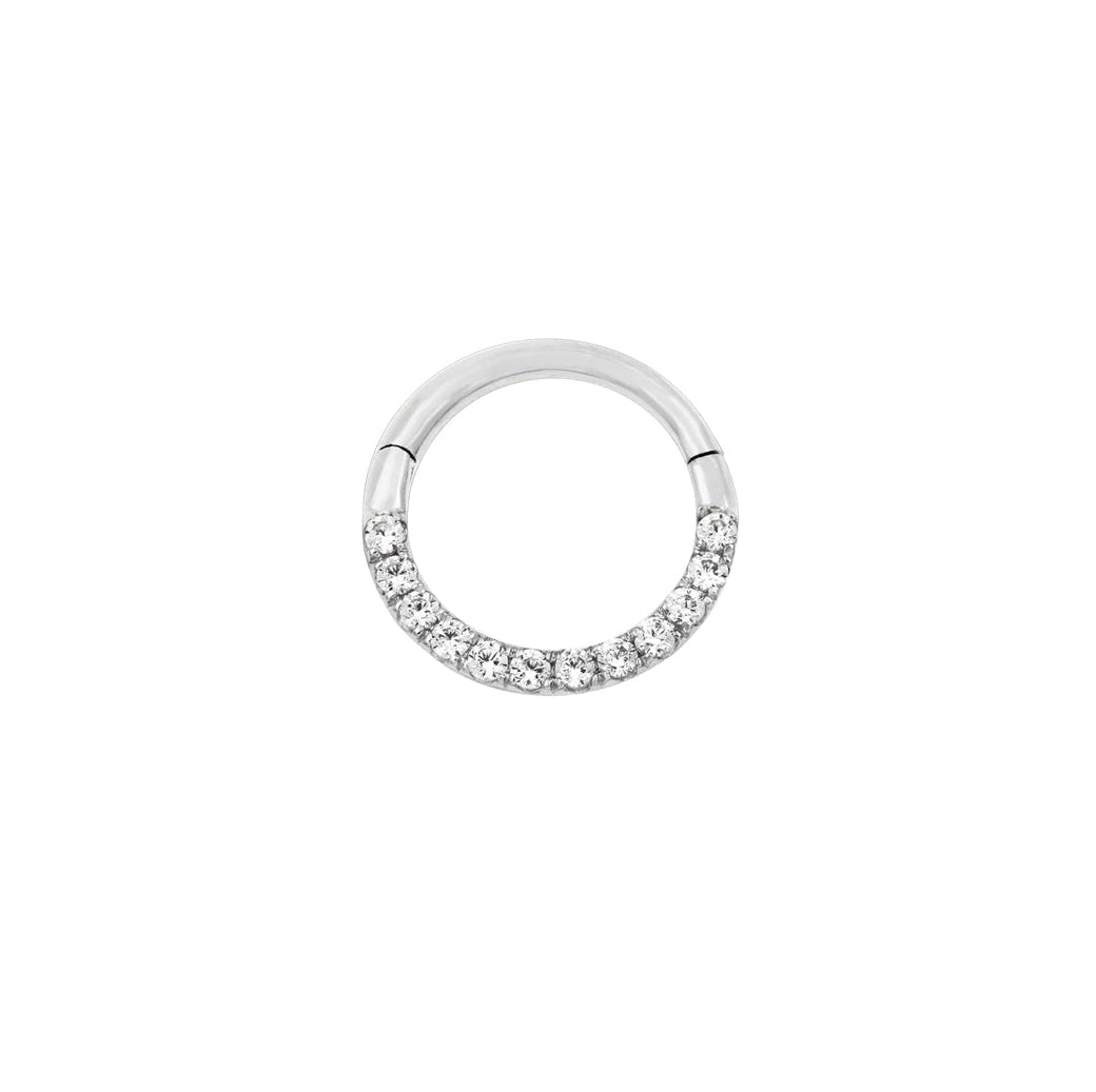 Diamond-look hoop ring in 14k white gold, featuring the classic Junipurr Gold CZ Clicker design.